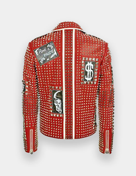 Men's Full Studded Embroidery Patches Leather Jacket, Biker-Jacke mit Nieten